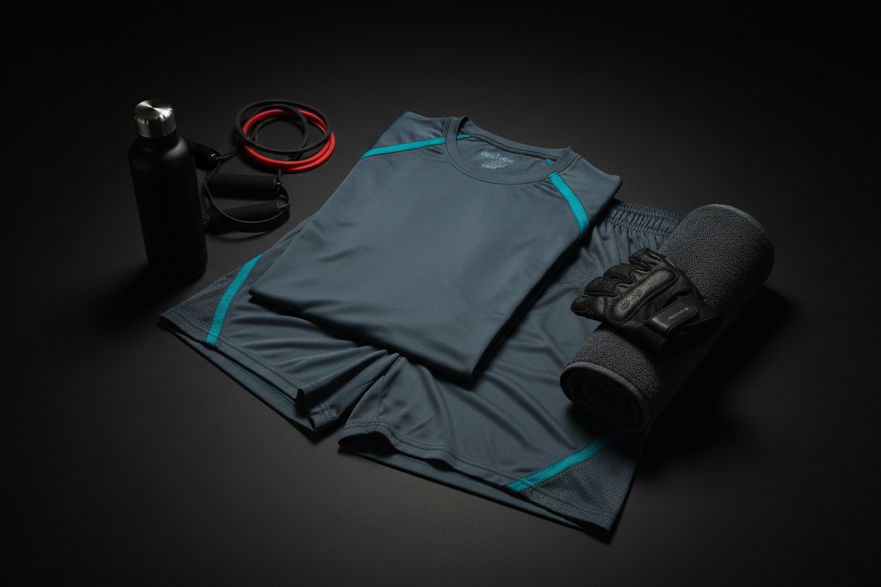 hi create a image for my store they showcase in one image mens top and shorts also mens gym accessories dont add text on image please use dark theme 
