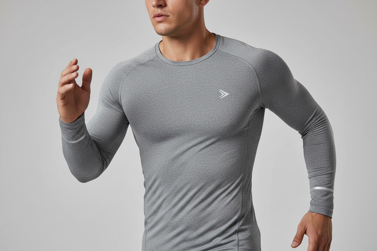 Hi i need image they will show my website top collection mean wear  a long sleeve t-shirt Polyester 85% and spandex 15%, and please make a plane background 